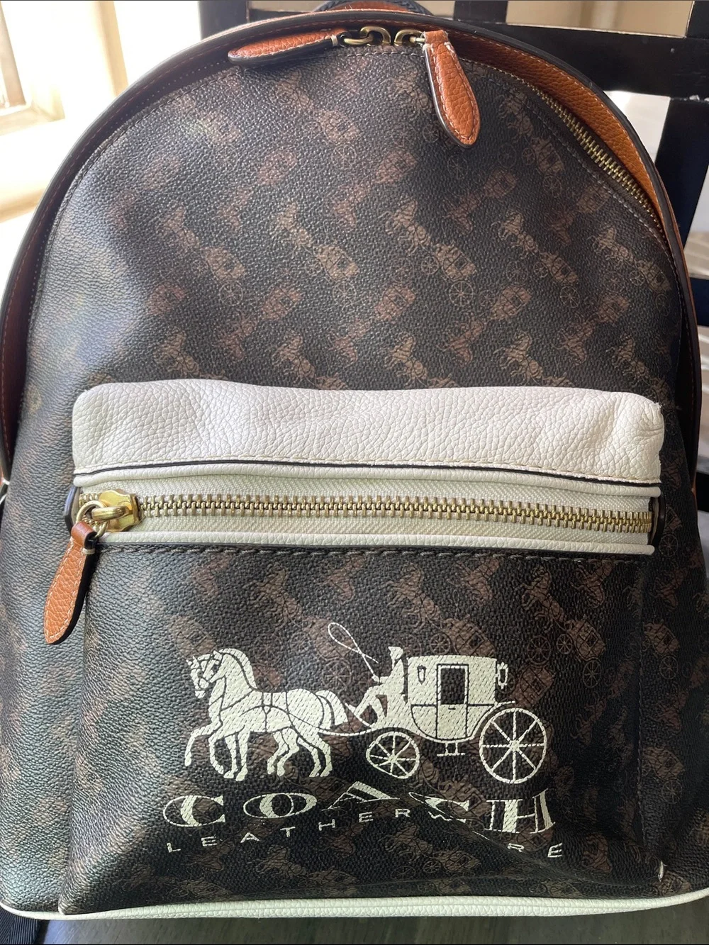 Coach Brown Monogram Backpack with Cream Front Pocket and Tan Trim